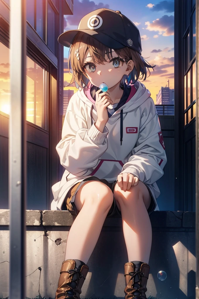 Mycotrose, Brown eyes,Brown Hair,short hair,Small breasts,Oversized black hoodie,Baseball cap,Shorts,boots,He has his hands in his hoodie pockets,Blowing bubble gum,Sitting on the stairs,evening,sunset,The sun goes down,whole bodyがイラストに入るように, break looking at viewer, whole body, break outdoors, Area, break (masterpiece:1.2), Highest quality, High resolution, unity 8k wallpaper, (shape:0.8), (Beautiful and beautiful eyes:1.6), Highly detailed face, Perfect lighting, Highly detailed CG, (Perfect hands, Perfect Anatomy),