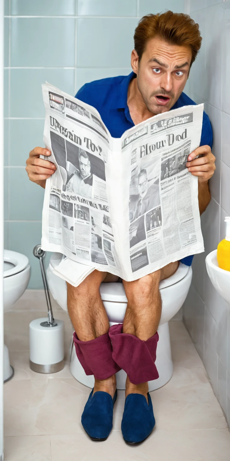 Realism，photography，8K,detail，Man sitting on toilet and reading newspaper，Exaggerated facial expression