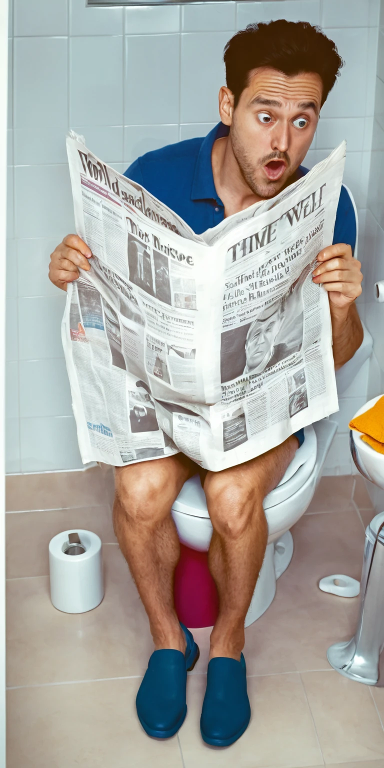 Realism,photography,8K,detail,Man sitting on toilet and reading newspaper,Exaggerated facial expression
