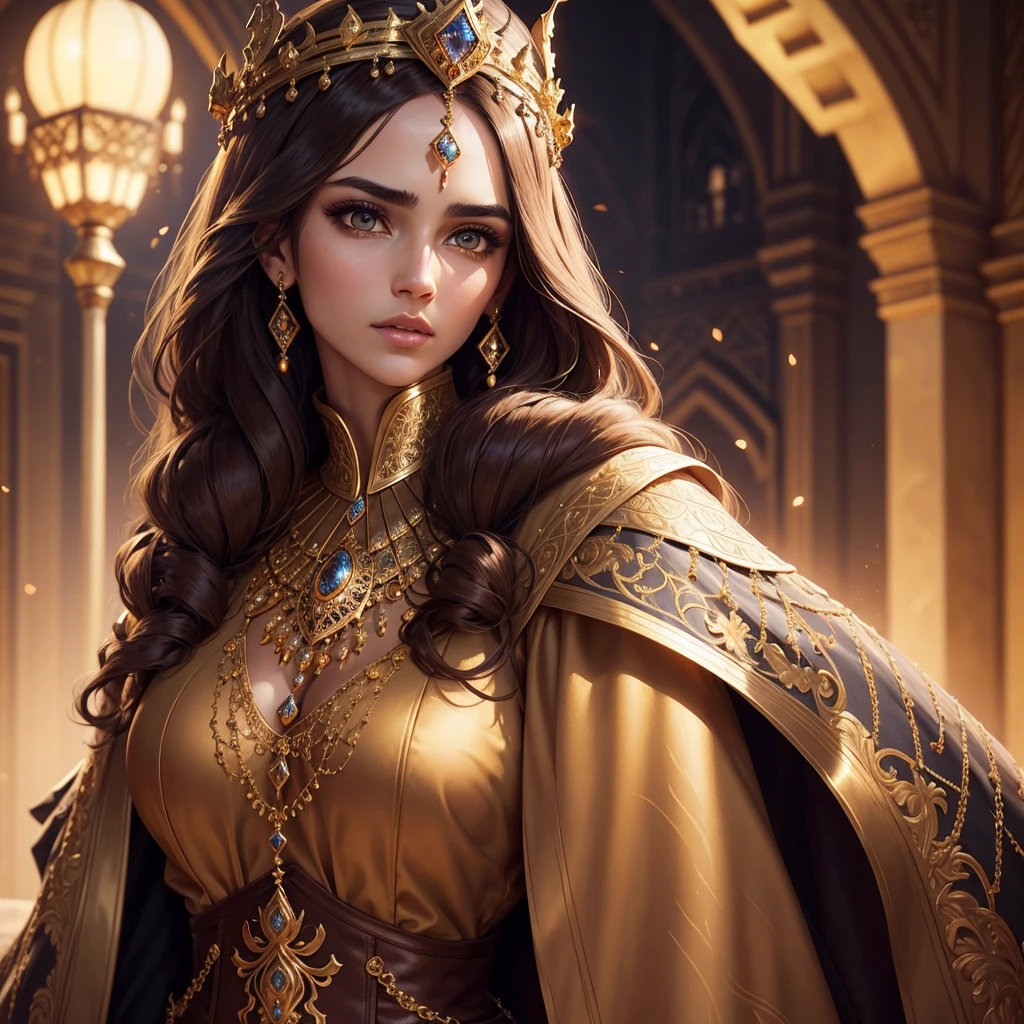 a beautiful arab princess, detailed face, beautiful brown hair, side eye, detailed clothing, jewelry, detailed golden crown, intricate ornamental patterns, elegant posture, detailed background, fantasy castle, glowing moonlit night, dramatic lighting, cinematic, highly detailed, 4k, ultra-realistic, photorealistic, intricate details, dramatic colors, moody, atmospheric