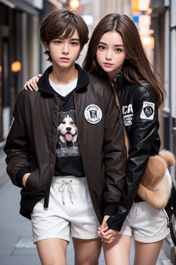  brown hair, light brown eyes, with his hand holding a dog, black jacket and white shorts