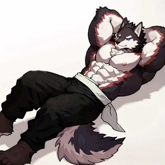 Duos ,(anthro) wolf, shirou_ogami:1.8 (bna), adult, mature, masculine, slim:1.2, skinny tall:1, (correct anatomy:1.2), vascular veins, (cartoon fur, detailed fur texture:1.3), topless, wearing big black collar (shirtless, shorts bulge , compression shorts), ultradetailed, (by wfa:1.2), (by takemoto_arashi, by vorusuarts, by Traver009:1, by grimfaust:1), natural lighting (tiny bedroom background), (sweat:1.4, wet:1.6), (lots of sweat flowing down) exhausted, wolf head ((open eyes, detailed):1.2), open mouth (steaming breath:1.2, drooling, dripping saliva, thick drool) tongue sticking out, (serious:1.4) expression), grumpy, sad, lying down, collapsed, defeat ,macro growth, giant size difference fullbody embarrassed face feet ,duos ,duo_focus,  tiny man ,giant penis cum everywhere,handjob ,kiss