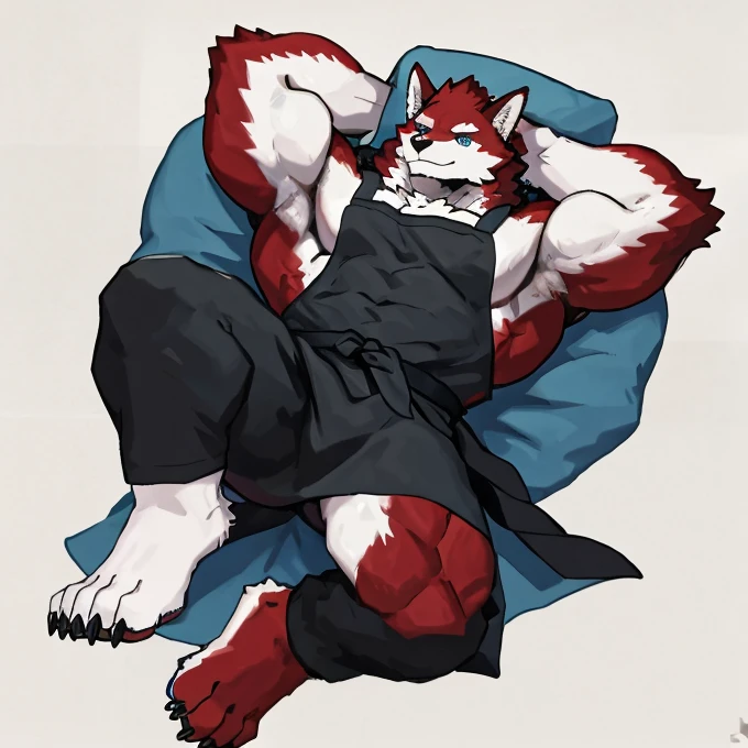 1 chico, Alone, anthropology, lobo, furry, white and red fur, A place where people congregate. bright blue eyes., Big pink, with big abs, muscular., elegant, apron, black pants, shirtless, Lay on the floor, sleep, high quality, super detail, 1080P, high quality, high quality, Best Quality, 8k, super detail, 16k, White background, hands behind head,