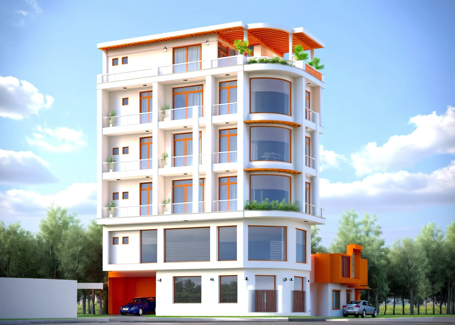 rendering of a modern apartment building with Luxurious colors, outstanding highlights, building facing, full building, wide angle exterior 2022, mid-view, realistic building, high render, white building, architectural 3 d render, precise architectural rendering, single building, multistory building, front-view, frontview, freddy mamani silvestre facade, architecture render