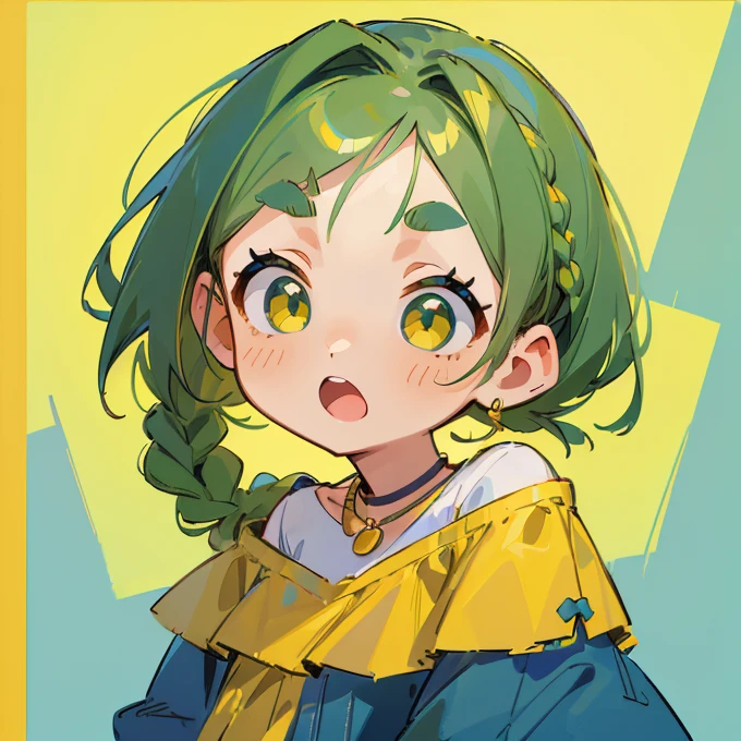 (masterpiece, Highest quality:1.2), (2 head body chibi character:1.1), Yellow-green hair, Braided Hair, Top of the head, Yellow-green eyes, Yellow off-shoulder blouse, Denim shorts, Short bangs, Thick eyebrows, Round necklace, A gentle atmosphere, Extremely surprising, Open your mouth wide, Blue Face, View your viewers, (Photo studio with blue background:1.0)