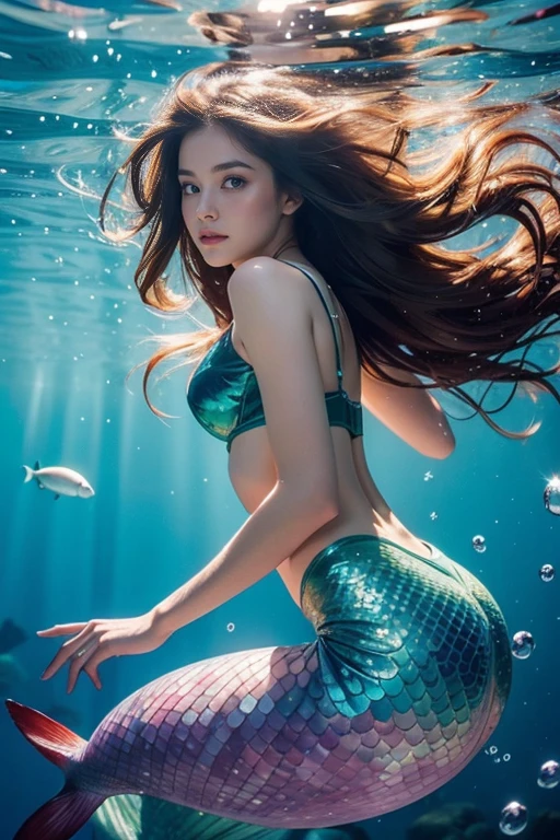 8K, high quality, Generate an image of a beautiful mermaid underwater, reaching towards the surface. She has flowing curly long brown hair, perfect face,a purple seashell bra, and a green mermaid tail. The water around her is illuminated by sunlight filtering down from above, creating a magical, ethereal atmosphere. Bubbles and particles float in the water, adding to the sense of depth and motion.
