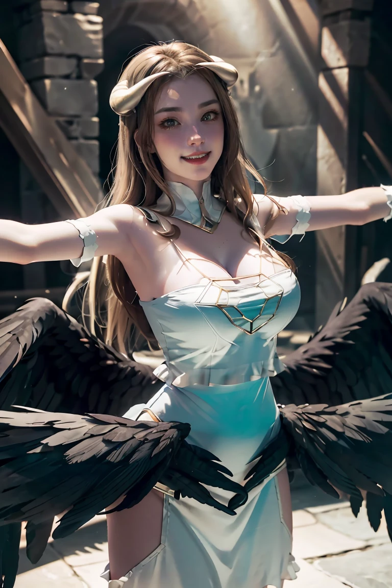 masterpiece, best quality, highres, al1, demon horns, slit pupils, white gloves, white dress, bare shoulders, detached collar, cleavage, black wings, feathered wings, low wings, cowboy shot, standing, dungeon, evil smile, reaching out, spread arms, outstretched arms,