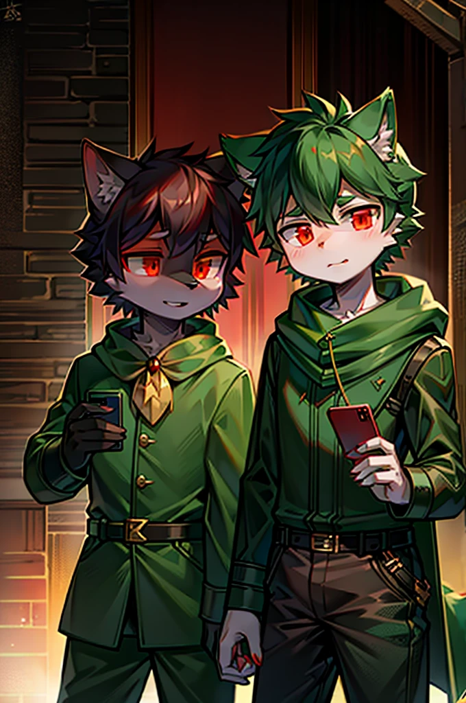 One Chico, Wolf, Green and black fur, young people, Two red eyes，There is a green ring on the hand，There is a cape around the neck，Wearing green combat uniform，Mobile phone holding a long sword