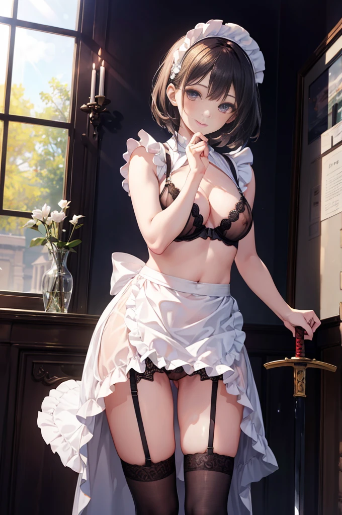 (masterpiece), woman,Frilled maid costume,Long skirt, Small breasts,Natural light, Realistic, Diffuse Light, skinny, vapor, (Please lift your skirt), (urination), With a smile.garter belt,Lace Stockings,Long nipples,Areola,See-through bra, Blowjob gestures,Frill apron,Sword on waist