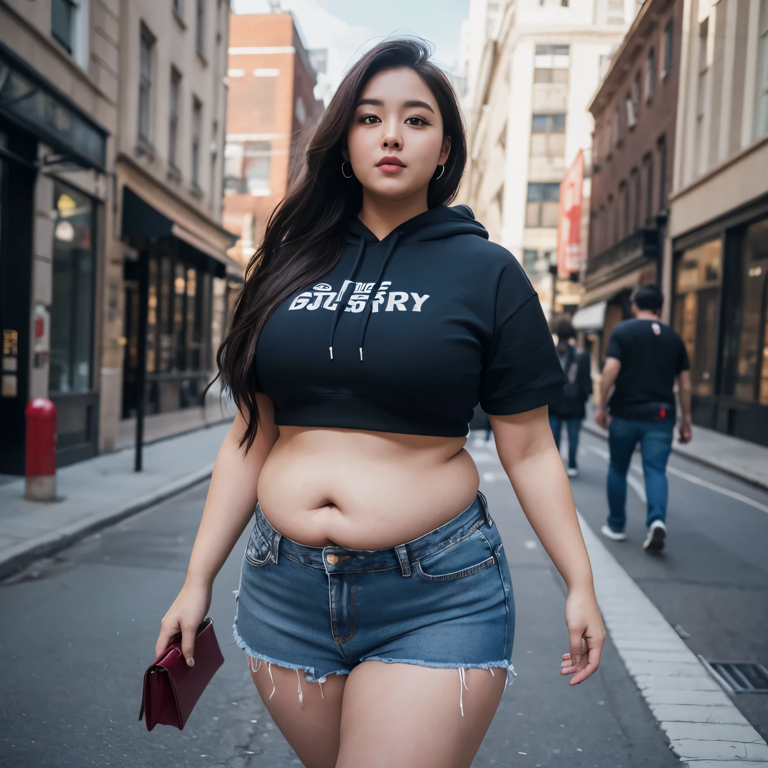 ((best quality)), ((masterpiece)), (detailed), perfect face, araffe woman in a dark-blue hoodie and blue denim skirt walking down a street, thicc, she has a jiggly fat round belly, bbwchan, wearing tight simple clothes, skinny waist and thick hips, widest hips, her belly is fat and round, soft curvy shape, hyperrealistic full figure, wearing a cute top, wide hips