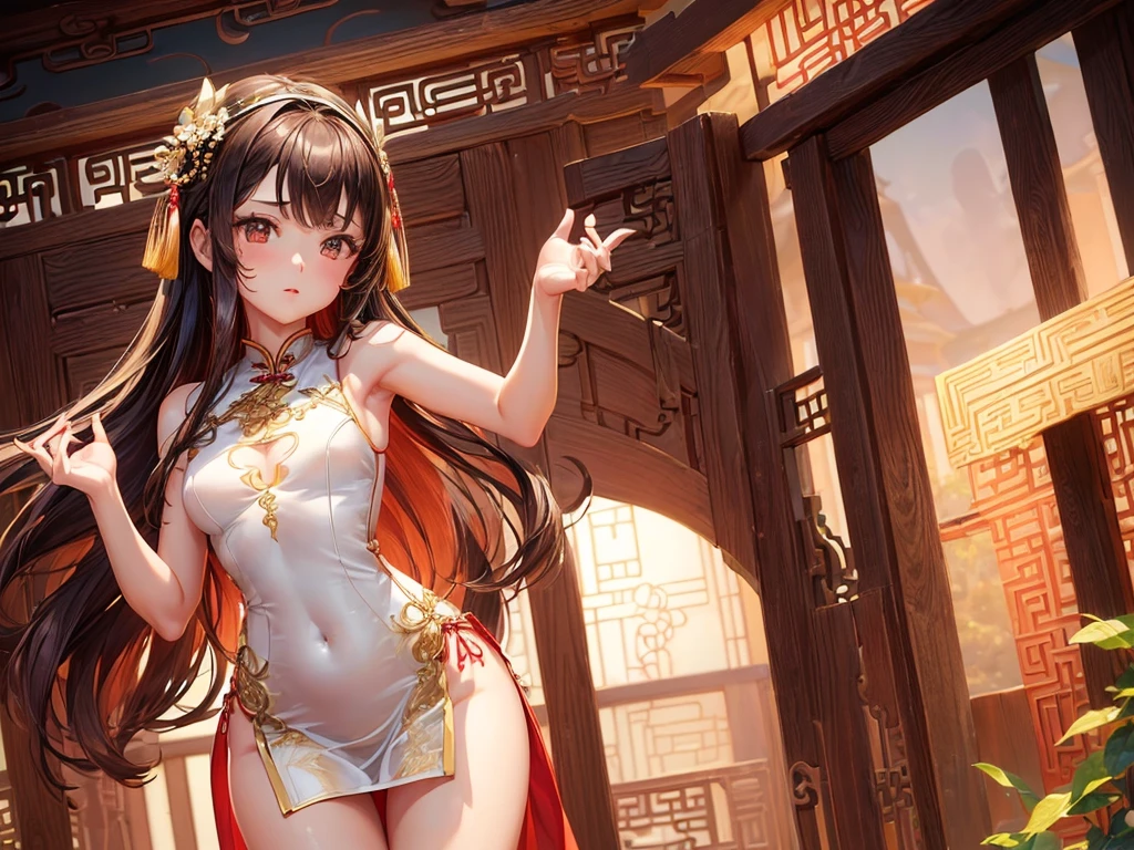 (((depict young girl))), long brown hair, straight hair, brown eyes, Chinese jewelry, sexy pose, small breasts, shy, focused, nice hips, open hips, (((ftight chinese dress))), ((transparent white dress)), (no underwear), show breasts, shape of the nipples, (((Masterpiece, Excellent, complex details))), (delicate girl), ((delicate face)), make up, red lipstick