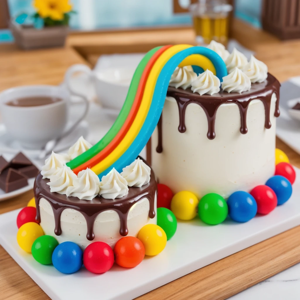 on a wooden table, on a porcelain plate, two cakes made of white cream, sugar candies on the bottom, chocolate ganache on the cake, white swirls on the chocolate ganache, window light, bright lights, soft light, window light, professional lighting, light from the window, neat light, realistic texture, realistic style, detailed texture, high quality, high resolution, high quality rendering, realistic photo, brightning light, macro photo