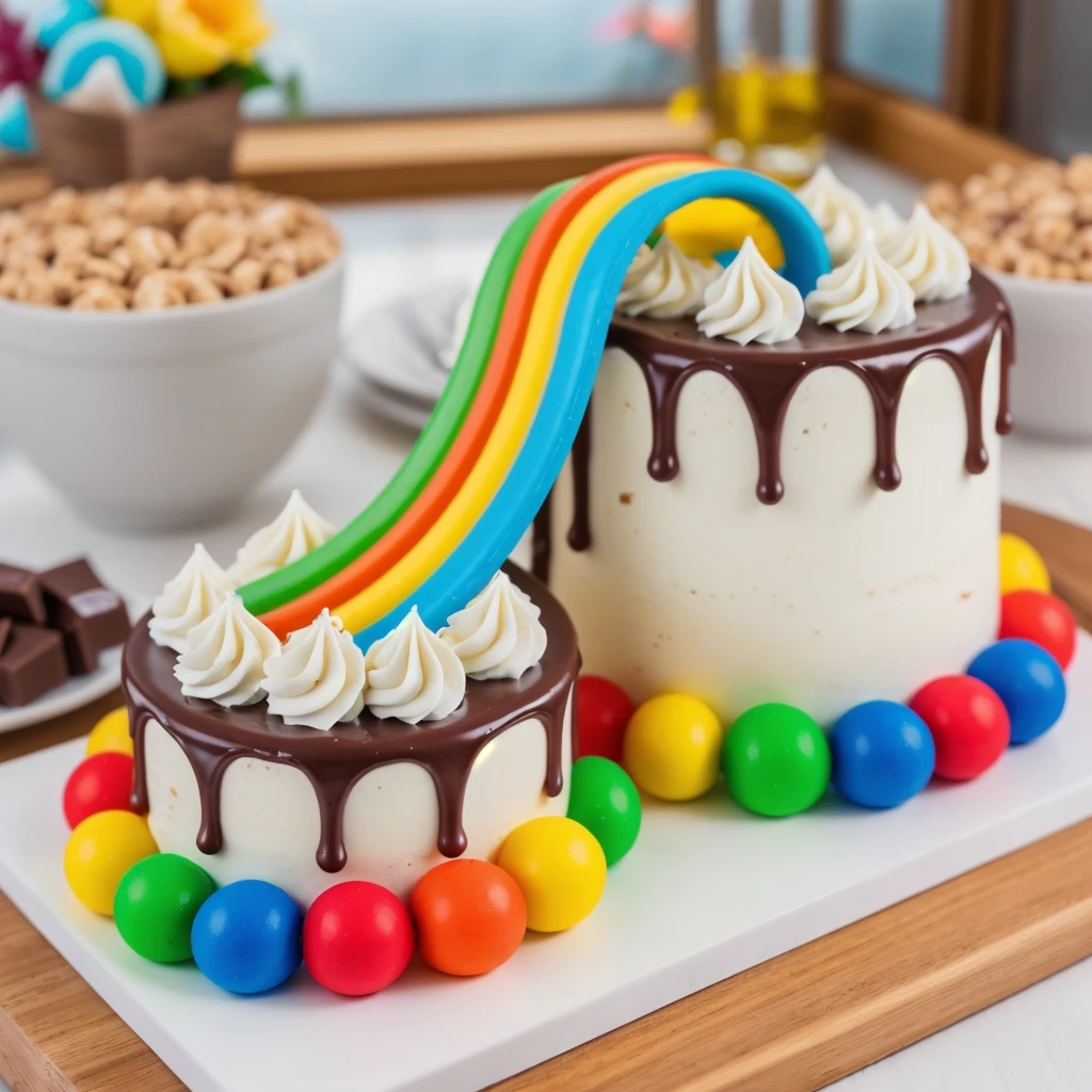 on a wooden table, on a porcelain plate, two cakes made of white cream, sugar candies on the bottom, chocolate ganache on the cake, white swirls on the chocolate ganache, window light, bright lights, soft light, window light, professional lighting, light from the window, neat light, realistic texture, realistic style, detailed texture, high quality, high resolution, high quality rendering, realistic photo, brightning light, macro photo