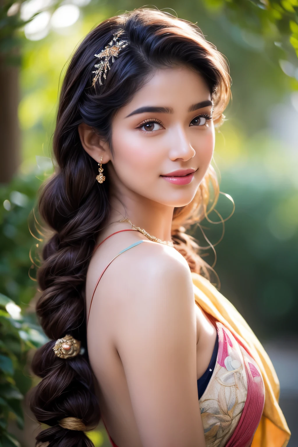 A breathtakingly beautiful 18-year-old girl named Anikha, who is the epitome of elegance and charm. She stands out as the central focus of this ultra-detailed, 8K resolution masterpiece with a perfect score of 9 and a UHD rating of 1.3. Her delicate facial features are captured with a stunning realism that's amplified by a majestic score of 1.5, making her appear as if she's stepped out of a high-definition dream. Her skin glows with a soft blush, perfectly accentuating her detailed, natural beauty. Her eyes, a rich brown, are filled with a blissful vibe, reflecting the cinematic lighting that surrounds her. They are so realistic and sharp that they seem to hold secrets of the universe within them. The exquisite twin braids of her long, shining hair are adorned with a hair ornament that adds an extra touch of elegance to her already flawless look. The background, a canvas of blurred perfection with a score of 1.7 for background blur, showcases an intricate peacock feather design that complements the overall aesthetic without overwhelming the main subject.