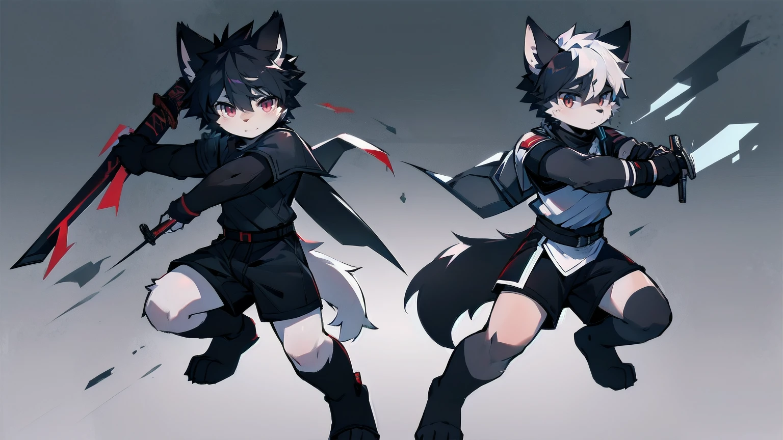 White Wolf，black hair，Red eyes，Wolf ears，Wolf Tail，juvenile，male，hairy，Hair，Half body armor，Combat uniform，Silver and black clothing，Handsome，Handsome，shorts，The forearm is exposed，leg，Fighting Stance，Duel，Two people，Anxious，Armed with a sword，Simple background，Swords