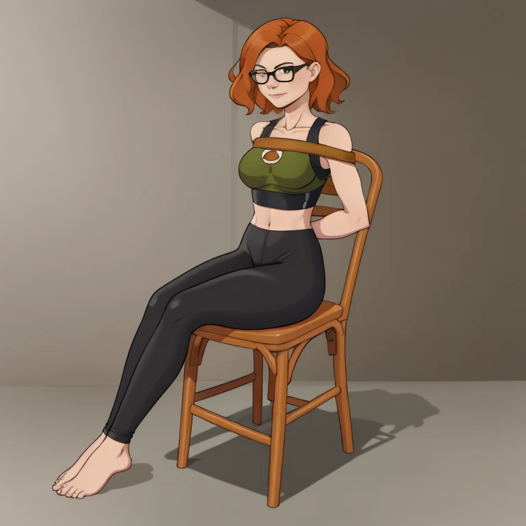 score_9, score_8_up, score_7_up, score_6_up, score_5_up, score_4_up, kim_possible,1girl,solo,long hair,black gloves,navel,green eyes,midriff,belt,skirt, orange hair,black crop top,turtleneck,room,room background,cowboy shot, 5 toes, black toes nails, tied ankles together, tied arms, Focus full body,sit on a chair, with no shoes