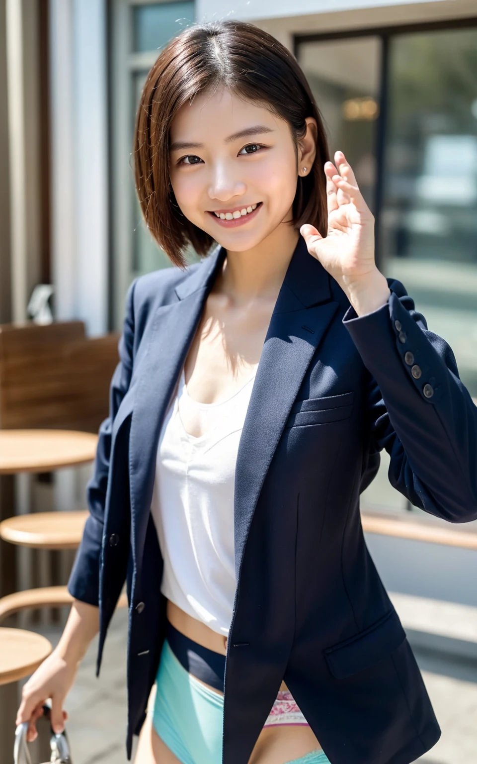 Raise your hand,（（（Inside the company）））、Wearing a business jacket,Wear a shirt,look at the camera with a smile、（Panties:1.5）、woman, 20-year-old, Short Hair,私のPantiesを露出させてください...、(レースのPantiesー)、(Tilt your head a little)、Detailed skin、Detailed skin、Detailed Sweat