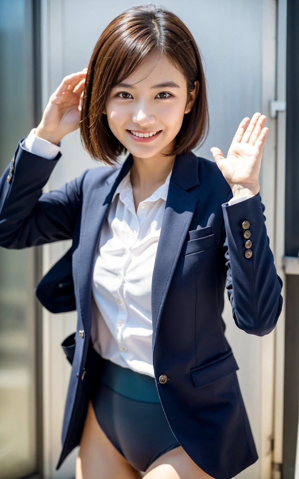 Raise your hand,In-house、Wearing a business jacket,Wear a shirt,look at the camera with a smile、（Panties:1.5）、woman, 20-year-old, Short Hair,私のPantiesを露出させてください...、(レースのPantiesー)、(Tilt your head a little)、Detailed skin、Detailed skin、Detailed Sweat