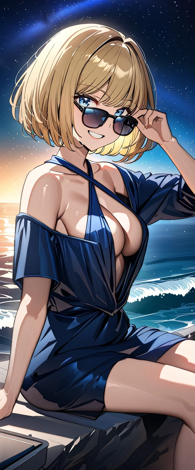 ((grin)), ((off-shoulder dress:1.3, criss-cross halter)), ((sundress)), ((plunging neckline)), ((blond hair, bob cut:1.3)), ((sunglasses, hand to sunglasses)), (((from side))), ((((upper body)))), bare legs, (()), (((a beautiful starry sky, the Milky Way shining beautifully in the night))), ((sitting on the very high cliff)), wavy hair, inward curled hair, ((sea, nature)), breasts, ager, (looking at viewer), oversized clothes, puffy long sleeves, collarbone, head tilt:1.3, (((blue eyes))), happy smile, (((anime style))), (best quality, 4K, 8K, highres, masterpiece:1.2, ultra-detailed, ultra-detailed eyes, HDR, uhd, studio lighting, ultra-fine painting, sharp focus, physically-based rendering, extreme detail description, professional, vivid colors, bokeh)