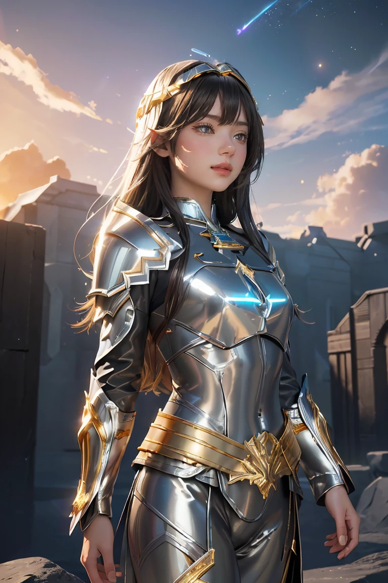 ((masterpiece, best quality, extremely detailed), volumetric lighting, ambient occlusion, colorful, glowing), 1girl, solo, young girl, (dark hair), long hair, halo, aura, sacred, goddess, cleric suit, (silver outfit with gold detailst:1.3), armor, outdoors, sunset, sky, clouds, space, (fantasy theme:1.2),