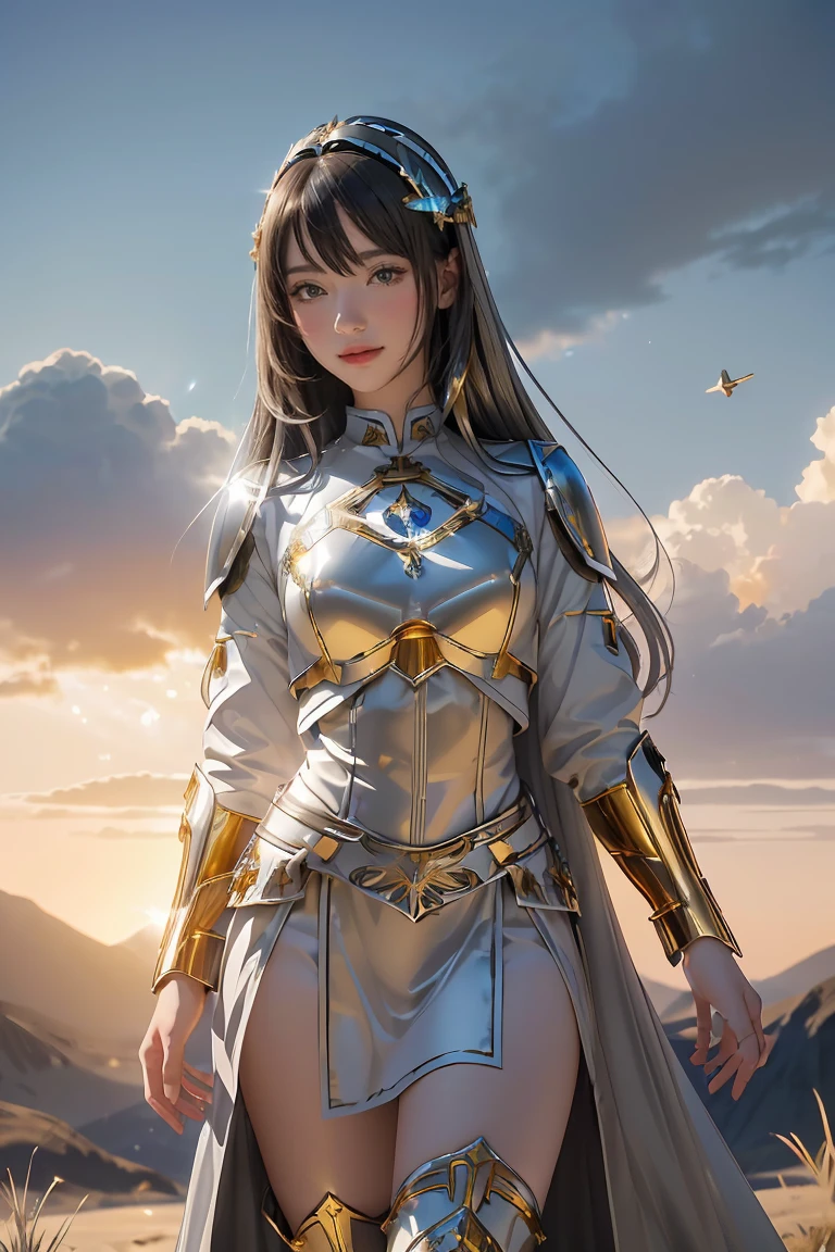 ((masterpiece, best quality, extremely detailed), volumetric lighting, ambient occlusion, colorful, glowing), 1girl, solo, young girl, (dark hair), long hair, halo, aura, sacred, goddess, cleric suit, (silver outfit with gold detailst:1.3), armor, outdoors, sunset, sky, clouds, space, (fantasy theme:1.2),