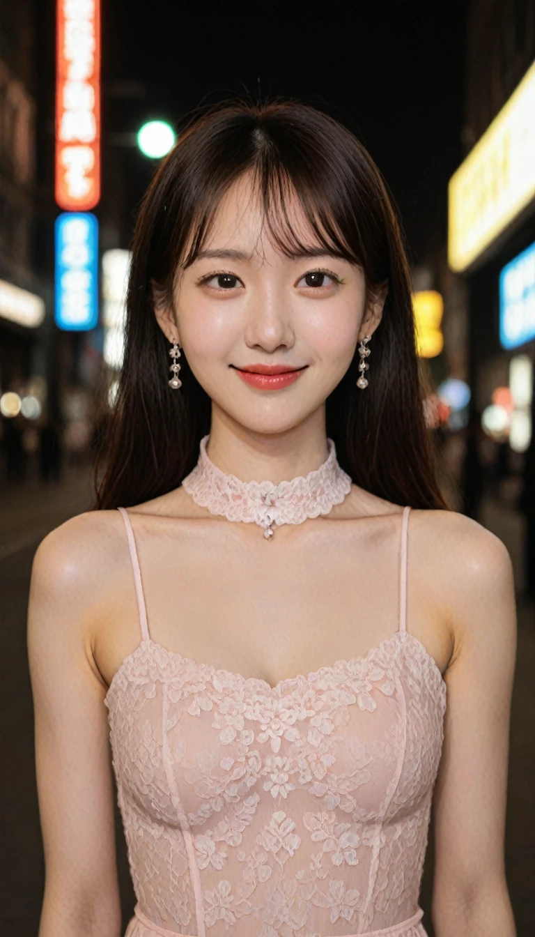 8K, masterpiece, RAW Photos, Highest quality, Realistic, 非常に詳細な CG ユニティ 8K 壁紙, Depth of written boundary, Cinematic Light, Lens flare, Ray Tracing, (Very beautiful face, Beautiful Lips, Beautiful Eyes), Exquisitely detailed face, ((Highly detailed skin)) One girl, In the Dark, Deep Shadow, Cute Korean Girl, K-Pop Idols, 1 Girl, (Very slim slender fit-muscled body:1.3), ((View your viewers)),(Big smile:1.3), (Hot pink collar blouse), (No sleeve) , (Fashion City Night, Dark Night, (Neon Signs), (Blurred Background), Fashion Street Night),(No people in the background:1.3), Beautiful earrings, bracelet, necklace, pantyhose, Clear Eyes, walking, (Pale skin), (Big eyes), Look forward, ((Upper Body Shot)), ((Silk collar dress:1.3)),(Brown Hair),((tight fitting Lace dress)), (Lace dress), (See through), (View your viewers:1.3) Open chest, Very slim, Medium chest, Turn back,((Buckshot)), See through, Medium Butt
