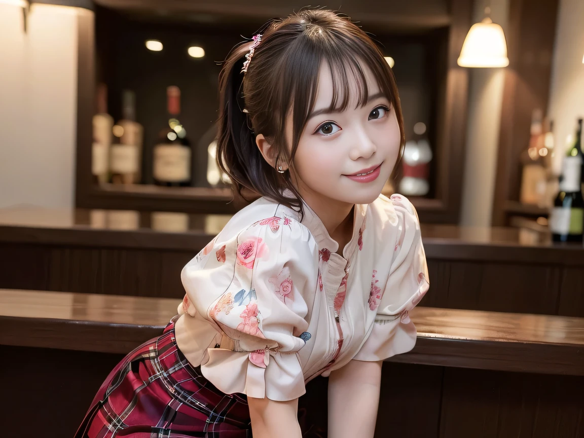 (Highest quality, masterpiece, Ultra-high resolution, 8K, RAW Photos, Realistic, Anatomically correct:1.5), 20-year-old girl:1.2, Embarrassing, avert your eyes, blush:1.0, View Viewer, ((bar)) 、Night view、 Light:1.2, Bokeh, Cinema Lighting:1.0, Depth of written boundary, sharp、 Cute face、Idol、Wine red short sleeve lace top、Black pleated skirt、wine colored clothes、”dwarf”、(Floral clothes)、(Full Body Shot)、Side angle、Cowboy Shot、 smile、(Ultra short hair、Short ponytail)、(Straight bangs)、((See-through))、(( One Girl))、Waist、I can see your thighs、