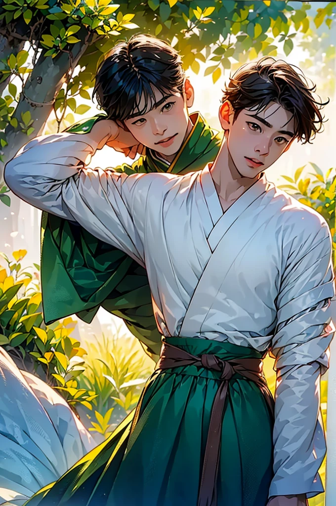 (in 8K、top-quality、​masterpiece:1.2)、1 boy、short-haired、Hair short、Brown-skinned、Green View、