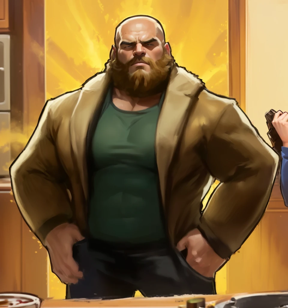 cartoon of a man and a woman standing in a kitchen, heavy looking, buff man, beefy, very buff, robust stocky body, buff painting, heavy weapons guy, middle aged balding superhero, burly man, manly monster tough guy, painted portrait of rugged zeus, heavy detailed, intimidating man, kingpin, bald man, super buff and cool