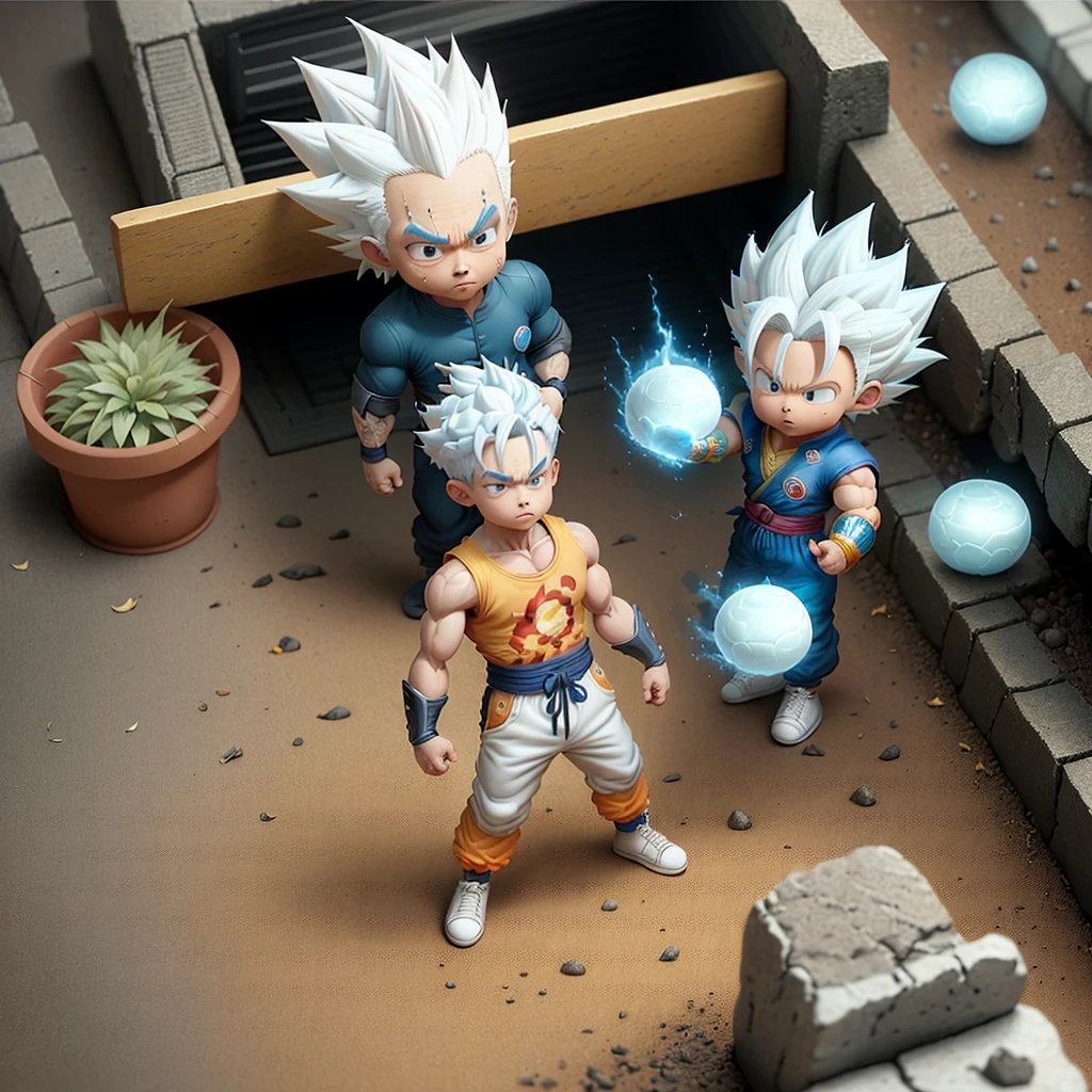 Goku, super saiyan, exquisite hair, arm depiction, white and blue hair body, exquisite shoes, eye depiction, exquisite hair, popmart blind box, clay texture, stepping on the land, black and white background, natural lighting, most good quality, super detail, 3D art, c4d, OC renderer, 3D rendering, 8k