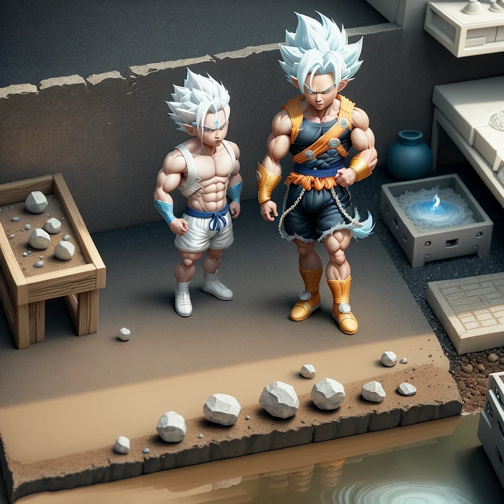 Goku, super saiyan, exquisite hair, arm depiction, white and blue hair body, exquisite shoes, eye depiction, exquisite hair, popmart blind box, clay texture, stepping on the land, black and white background, natural lighting, most good quality, super detail, 3D art, c4d, OC renderer, 3D rendering, 8k