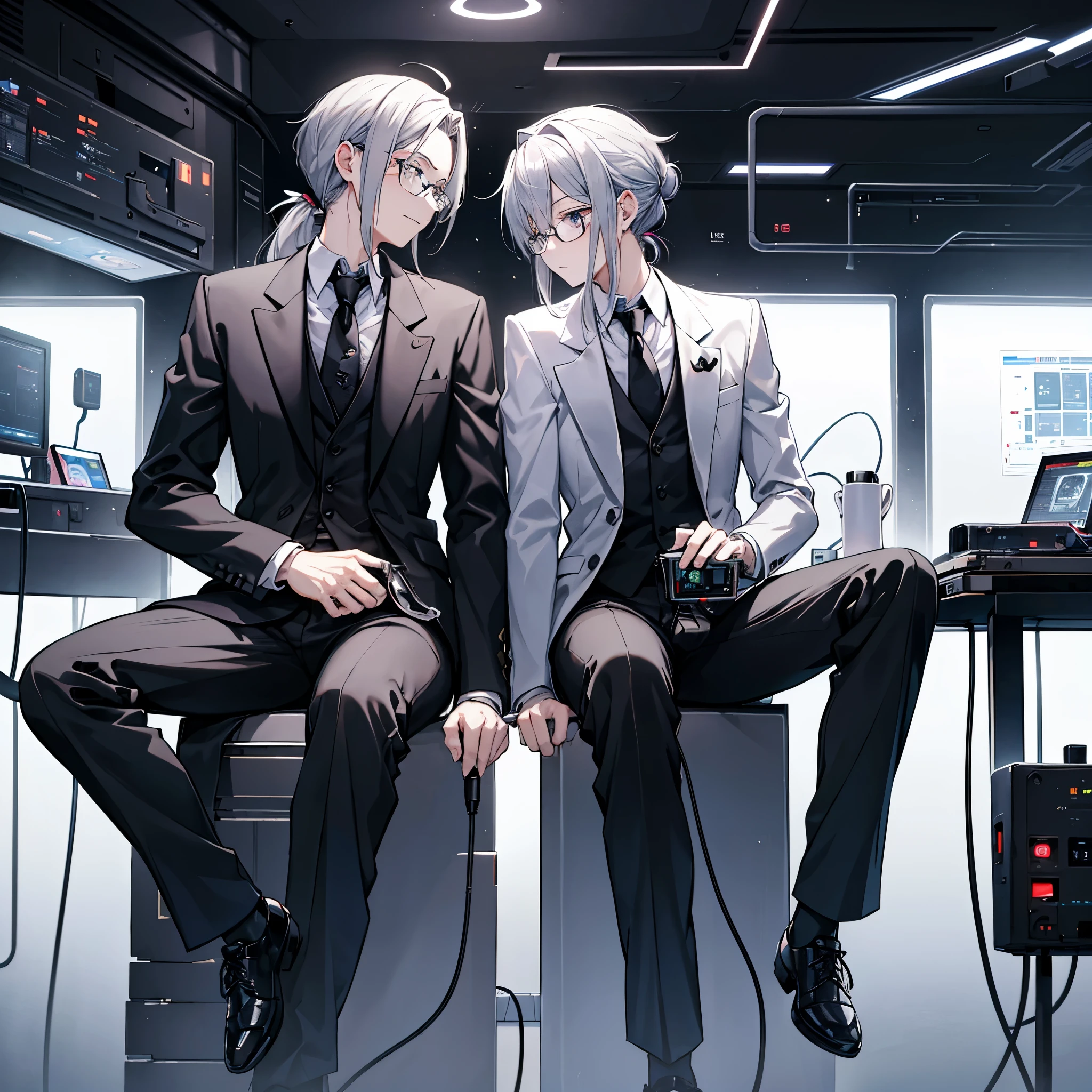 (Mastepiece)(High definition)Male android in his 20s、Gray Hair、ponytail、hat、Tuxedo、tie、Wearing round rimless glasses、Sitting、It is connected to the machine by multiple cables.(charging)、background(A science fiction-like electronic world、A space that feels like the inside of a machine、Virtual space、Near future)