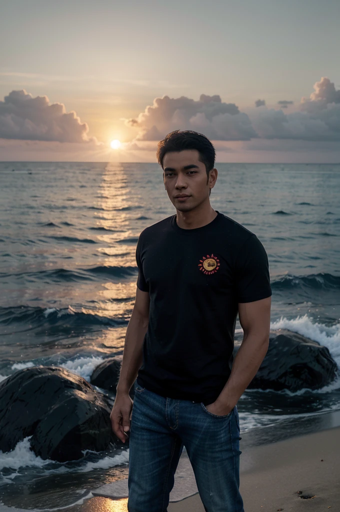 movie cinematic, 1 handsome man,tshirt,jeans, Alone, little smile, beach, (the sun has set: 1.1), Alone, Sparkling, the sun has set yang besar, floating red, uniform, night, sea, 1 lighthouse, shallow depth of field, sketch, very detailed, high budget, bokeh, cinemascope, gloomy, epic,