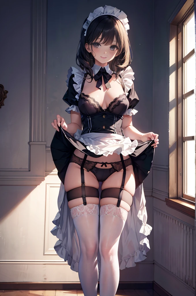 (masterpiece), woman,Frilled maid costume,Long skirt, Small breasts,Natural light, Realistic, Diffuse Light, skinny, vapor, (Please lift your skirt), (urination), With a smile.garter belt,Lace Stockings,Long nipples,Areola,See-through bra, Frill apron,Hang the sword on your waist