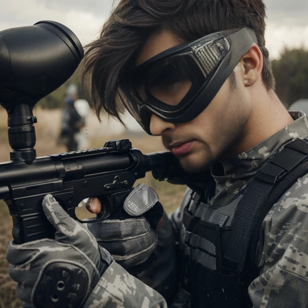 close up image, a man sidebangs hair, wearing a gray paintball uniform, wearing a goggles helmet, wearing halfface helmet, holding a paintball rifle, the man is shooting at his enemies in the paintball arena, the blurry background shows the atmosphere of a paintball arena in a field, realistic, cinematic, very detailed, very complex