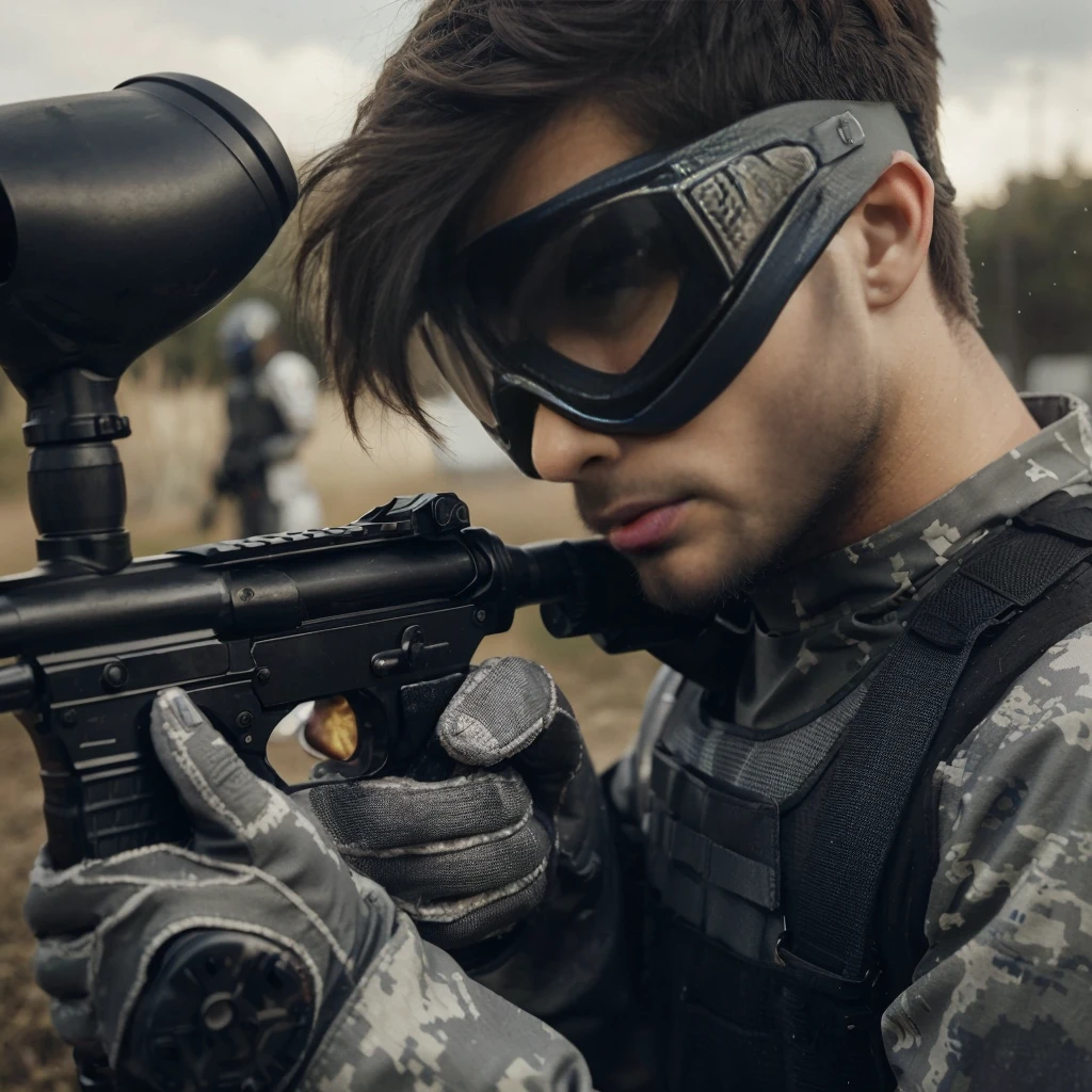 close up image, a man sidebangs hair, wearing a gray paintball uniform, wearing a goggles helmet, wearing halfface helmet, holding a paintball rifle, the man is shooting at his enemies in the paintball arena, the blurry background shows the atmosphere of a paintball arena in a field, realistic, cinematic, very detailed, very complex