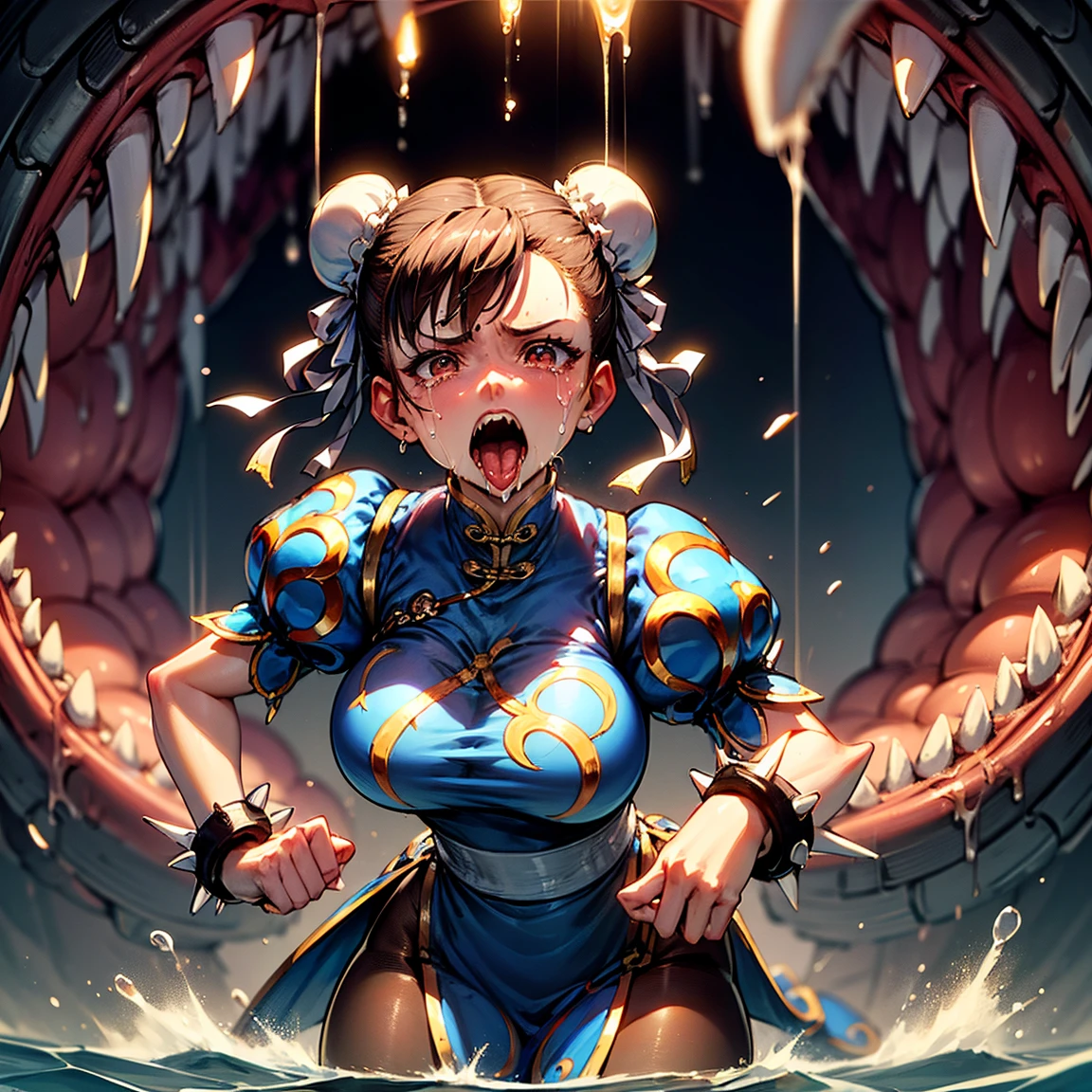 masterpiece,highest quality,Very detailed,One girl,alone,Scared,Panic,The pupils constrict,shout,Raise your eyebrows,Eyes Wide Open,Are crying,tears, Ah ah,((chun-li)),sf2 chun,hair buns, covered buns, chinese dress, qipao, blue outfit, spiked bracelets, puffy sleeves, brown pantyhose, white belt, Breaking the water,dark,In the water,floating,whole body,Air bubbles,(((In the waterEat,eat, Sticking out tongue,Size Differences, In the background, a giant monster has its mouth and tongue open, Evil Eye, Girl in the mouth of a giant monster, Sharp teeth surround the girl))),