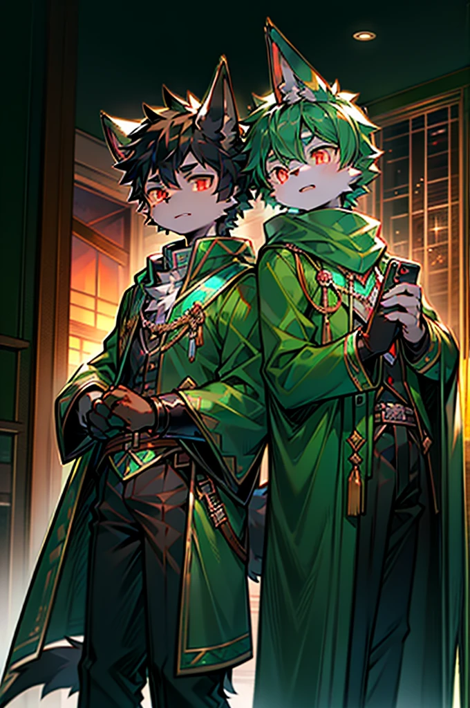 One Chico, Wolf, Green and black fur, young people, Two red eyes,There is a green ring on the hand,There is a cape around the neck,Wearing green combat uniform,Mobile phone holding a long sword