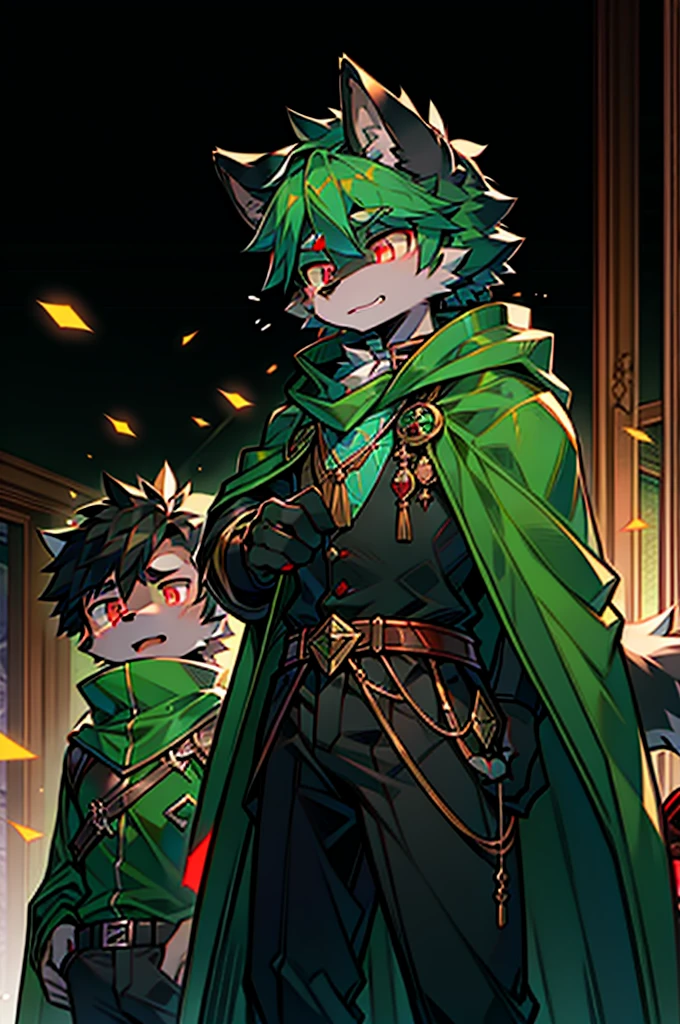 One Chico, Wolf, Green and black fur, young people, Two red eyes,There is a green ring on the hand,There is a cape around the neck,Wearing green combat uniform,Mobile phone holding a long sword