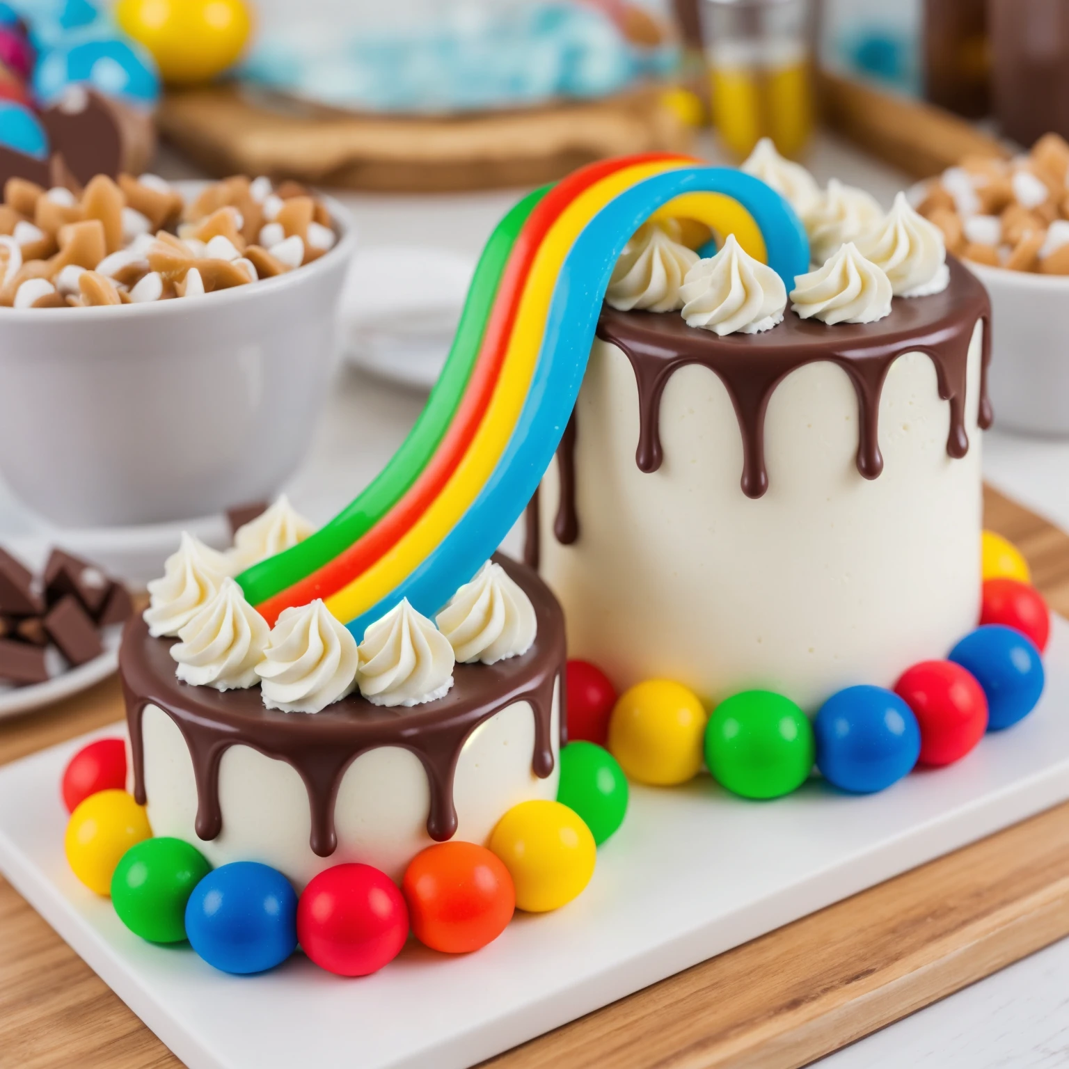 on a wooden table, on a porcelain plate, two cakes made of white cream, sugar candies on the bottom, chocolate ganache on the cake, white swirls on the chocolate ganache, window light, bright lights, soft light, window light, professional lighting, light from the window, neat light, realistic texture, realistic style, detailed texture, high quality, high resolution, high quality rendering, realistic photo, brightning light, macro photo