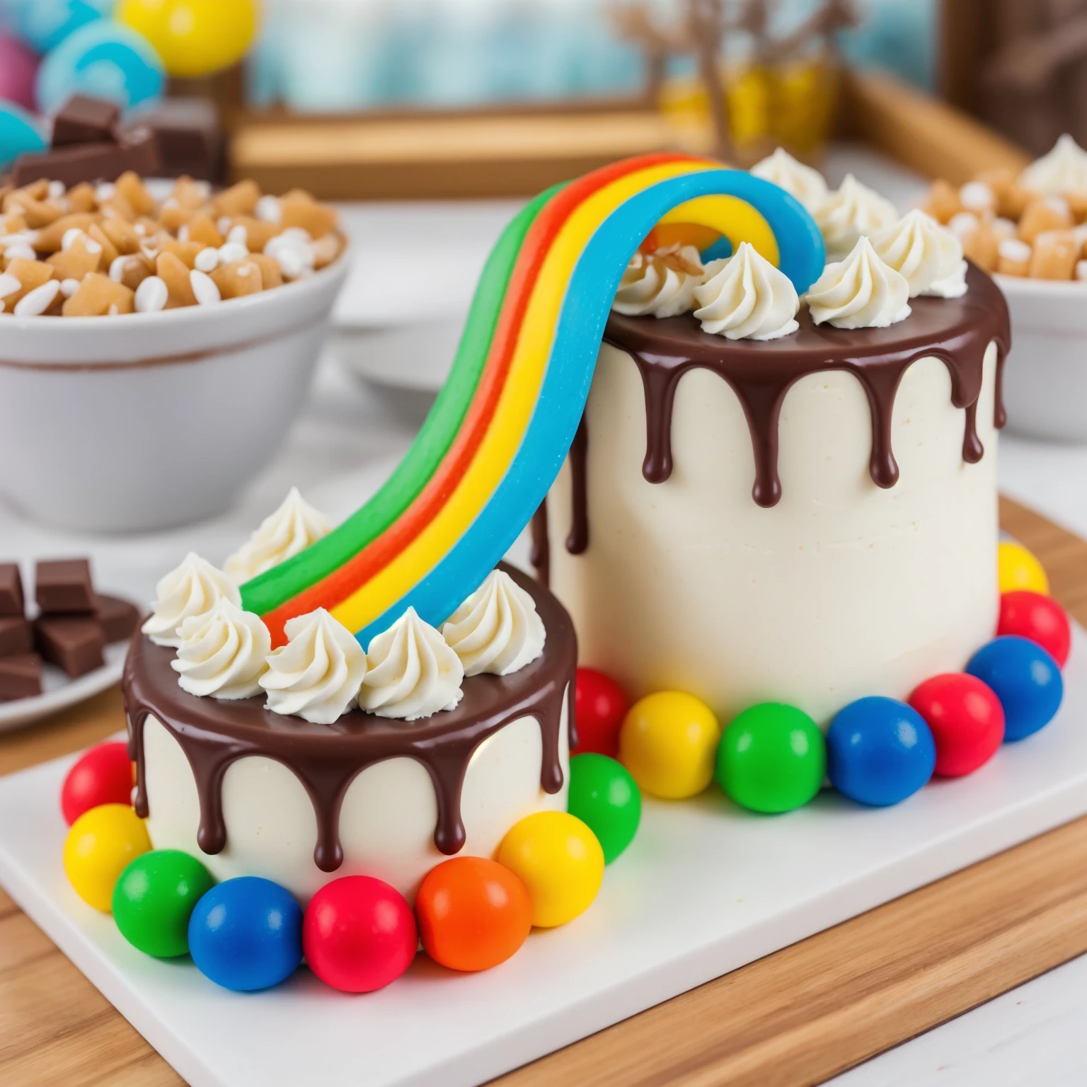 on a wooden table, on a porcelain plate, two cakes made of white cream, sugar candies on the bottom, chocolate ganache on the cake, white swirls on the chocolate ganache, window light, bright lights, soft light, window light, professional lighting, light from the window, neat light, realistic texture, realistic style, detailed texture, high quality, high resolution, high quality rendering, realistic photo, brightning light, macro photo