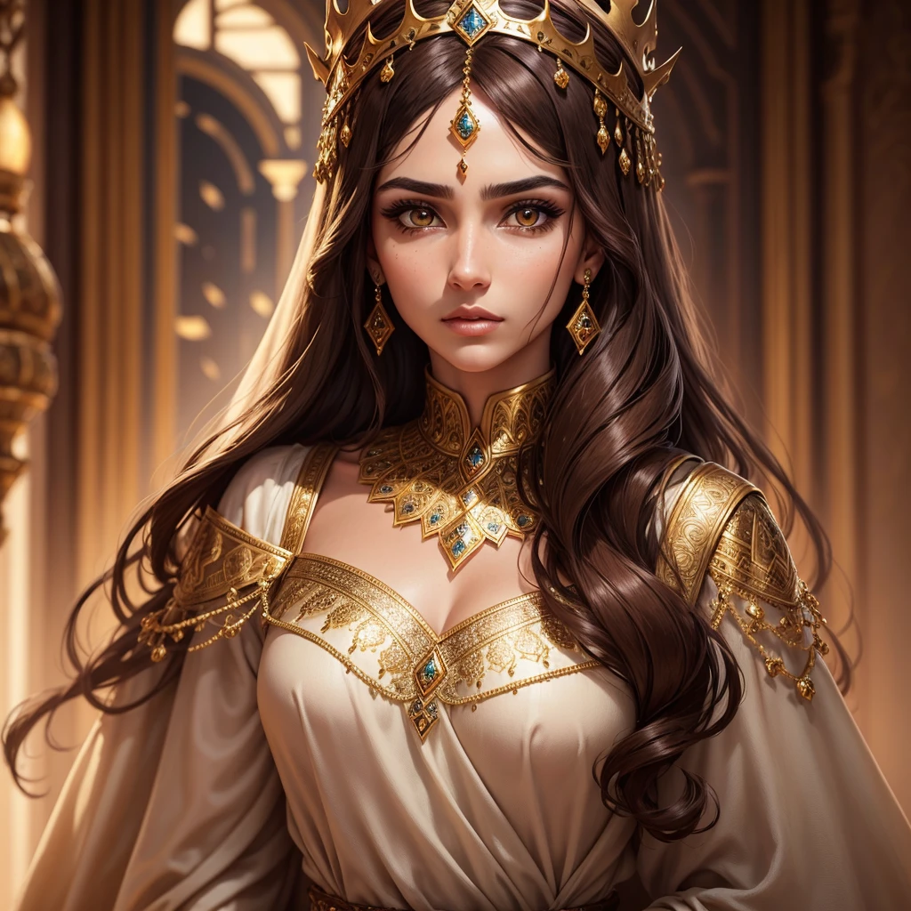 a beautiful arab princess, detailed face, beautiful brown hair, side eye, dramatic side eyeing,detailed clothing, jewelry, detailed golden crown, highly detailed, 4k, ultra-realistic, photorealistic, intricate details, dramatic colors