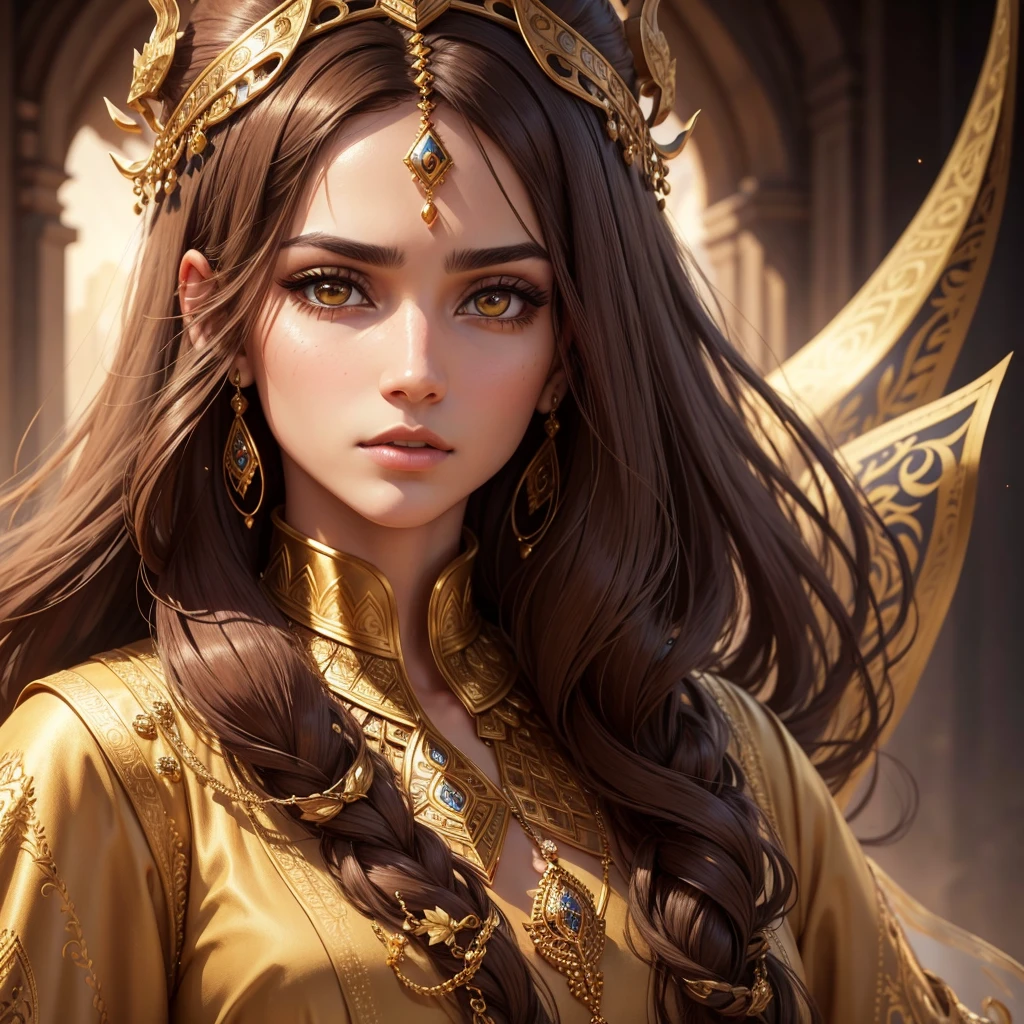 a beautiful arab princess, detailed face, beautiful brown hair, side eye, dramatic side eyeing,detailed clothing, jewelry, detailed golden crown, highly detailed, 4k, ultra-realistic, photorealistic, intricate details, dramatic colors