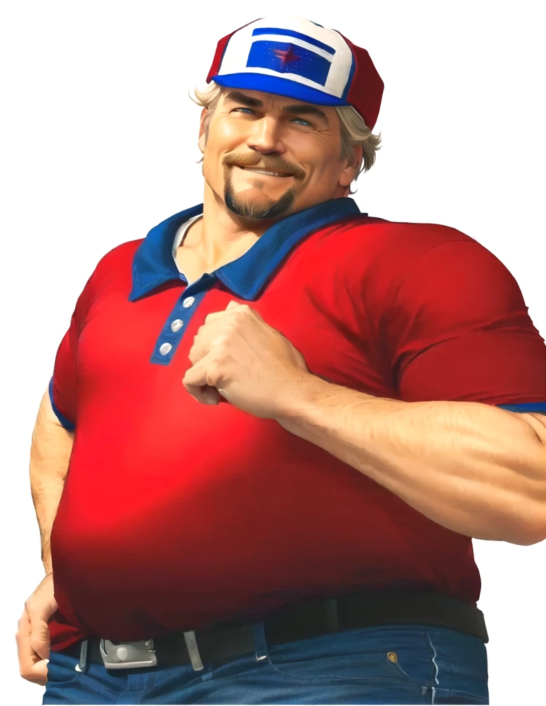 a close up of a man wearing a red shirt and blue jeans, as a character in tekken, beefy, realistic textures, jeff bridges with a goatee, best friend smiling at you with encouragement, Out Run 2 flagman, 2 k, 2k, muscular bernie sanders, buff man, character from king of fighters, robust stocky body, hide the pain harold, name of character is flagman, wise face, his cap has a SEGA logo on it, short hair