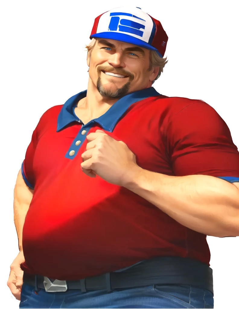a close up of a man wearing a red shirt and blue jeans, as a character in tekken, beefy, realistic textures, jeff bridges with a goatee, best friend smiling at you with encouragement, Out Run 2 flagman, 2 k, 2k, muscular bernie sanders, buff man, character from king of fighters, robust stocky body, hide the pain harold, name of character is flagman, wise face, his cap has a SEGA logo on it, short hair