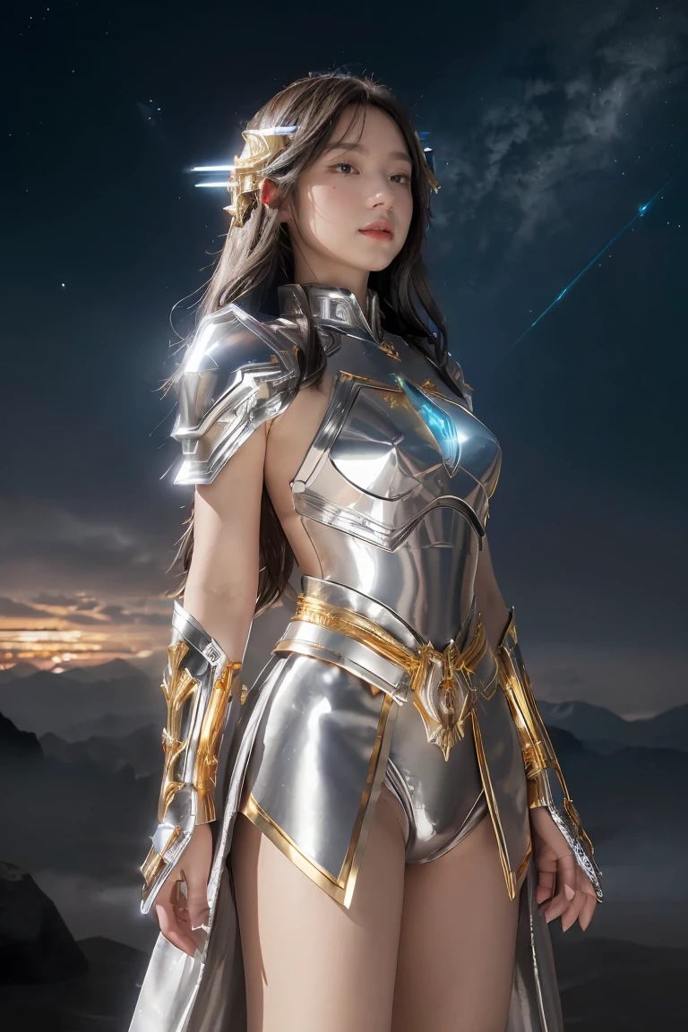 ((masterpiece, best quality, extremely detailed), volumetric lighting, ambient occlusion, colorful, glowing), 1girl, solo, young girl, (dark hair), long hair, halo, aura, sacred, goddess, cleric suit, (silver outfit with gold detailst:1.3), armor, outdoors, sunset, sky, clouds, space, (fantasy theme:1.2),