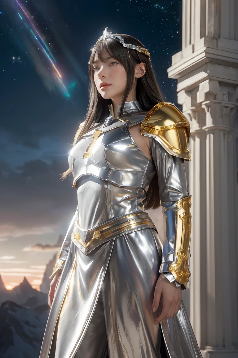 ((masterpiece, best quality, extremely detailed), volumetric lighting, ambient occlusion, colorful, glowing), 1girl, solo, young girl, (dark hair), long hair, halo, aura, sacred, goddess, cleric suit, (silver outfit with gold detailst:1.3), armor, outdoors, sunset, sky, clouds, space, (fantasy theme:1.2),