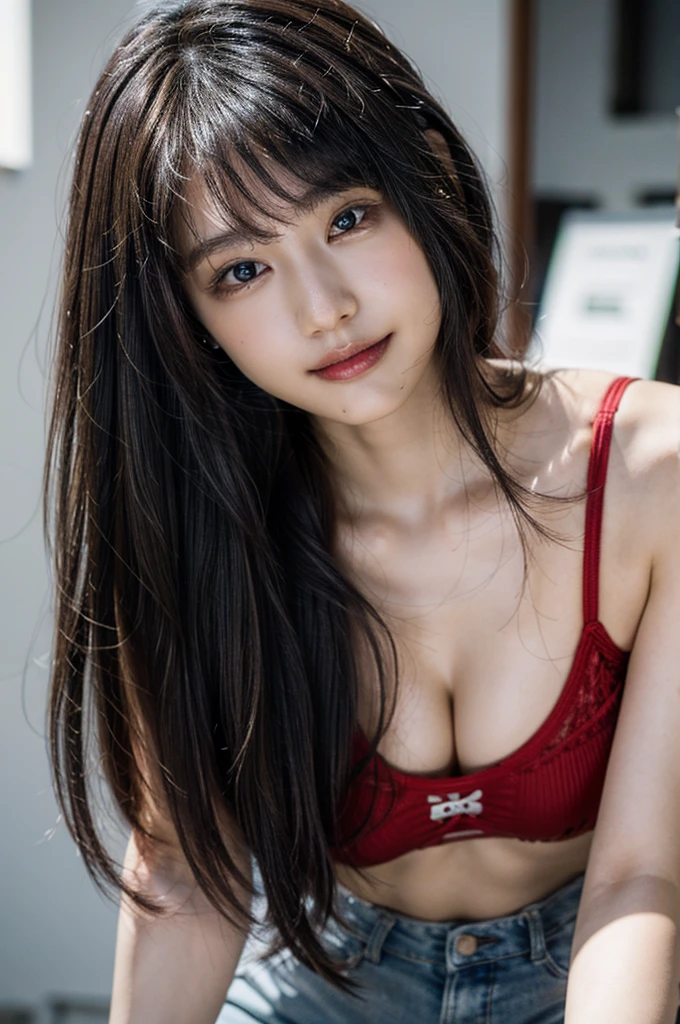 (8k:1.2), best quality, masterpiece, (ultra highres:1.2), beautiful detailed eyes, long eyelashes, double eyelid, high detail, detailed hairstyle, detailed face, hyper realistic, 1girl, solo, (pale skin:1.2), (18 years old), (medium breasts), sexy, small hips, slender, (medium breasts:1.2),
((red) underwear),
black hair, closed mouth, (smiling:0.8), (start from below: 1.3), black super shorts, s-shaped body, upturned buttocks,