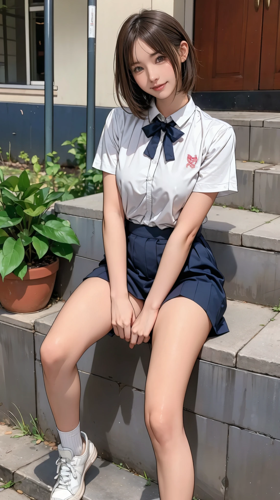 ((masterpiece)),(((Highest quality))),Thin thighs,Long legs,An 18-year-old woman standing on the steps of her school,Japan uniform:1.5,White camellia floral lace bra:1.5,open chest white shirt,The best smile,Short-cut blonde:1.5,short side wave,Wearing stylish sneakers,Spreading her legs