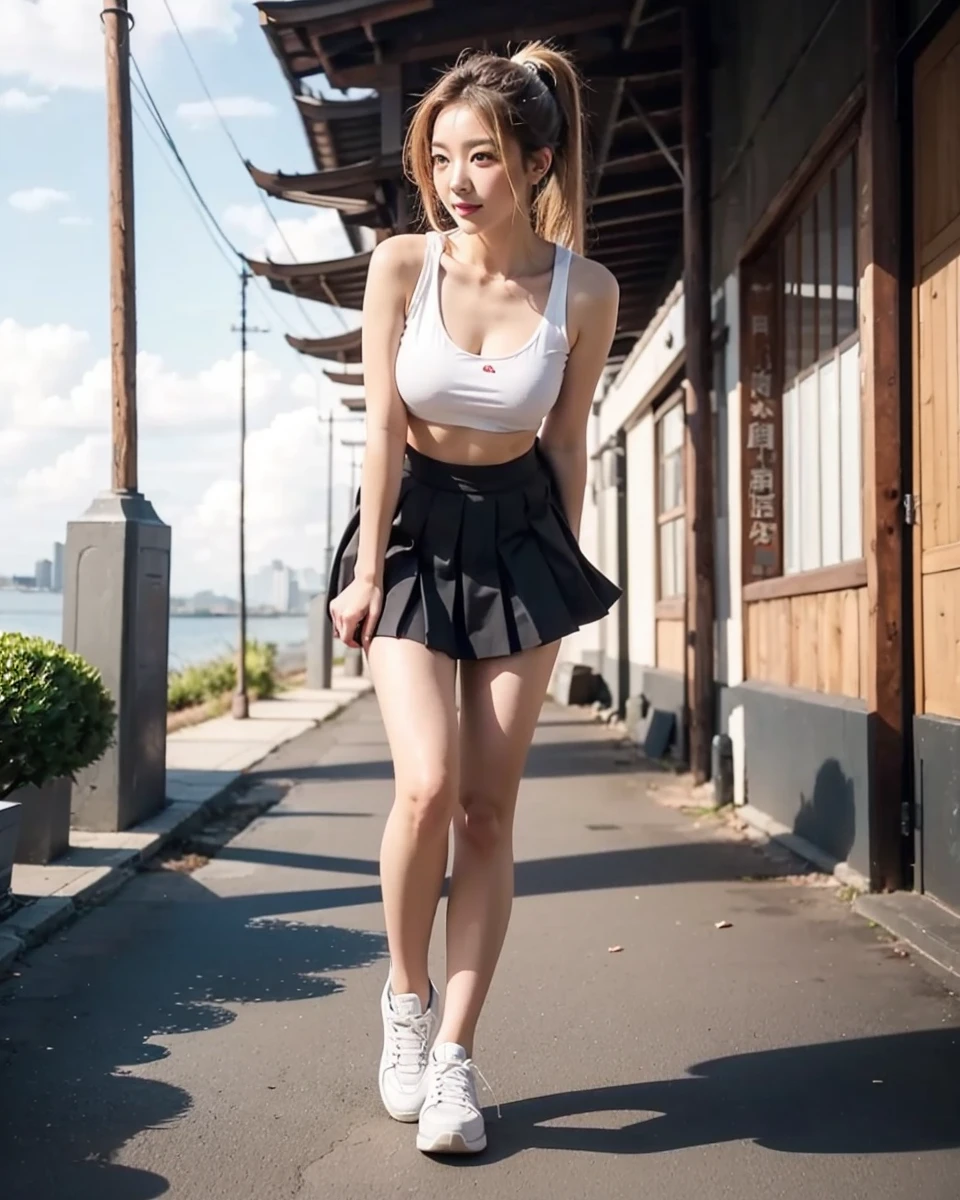 Beautiful Chinese waifu, early 30s, brunette hair, cropped vest, pleated skirt, trainers